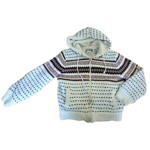 Womens Vintage Sweater Jacket Hearts Fair Isle Full Zip Hood Fleece Lined M/L